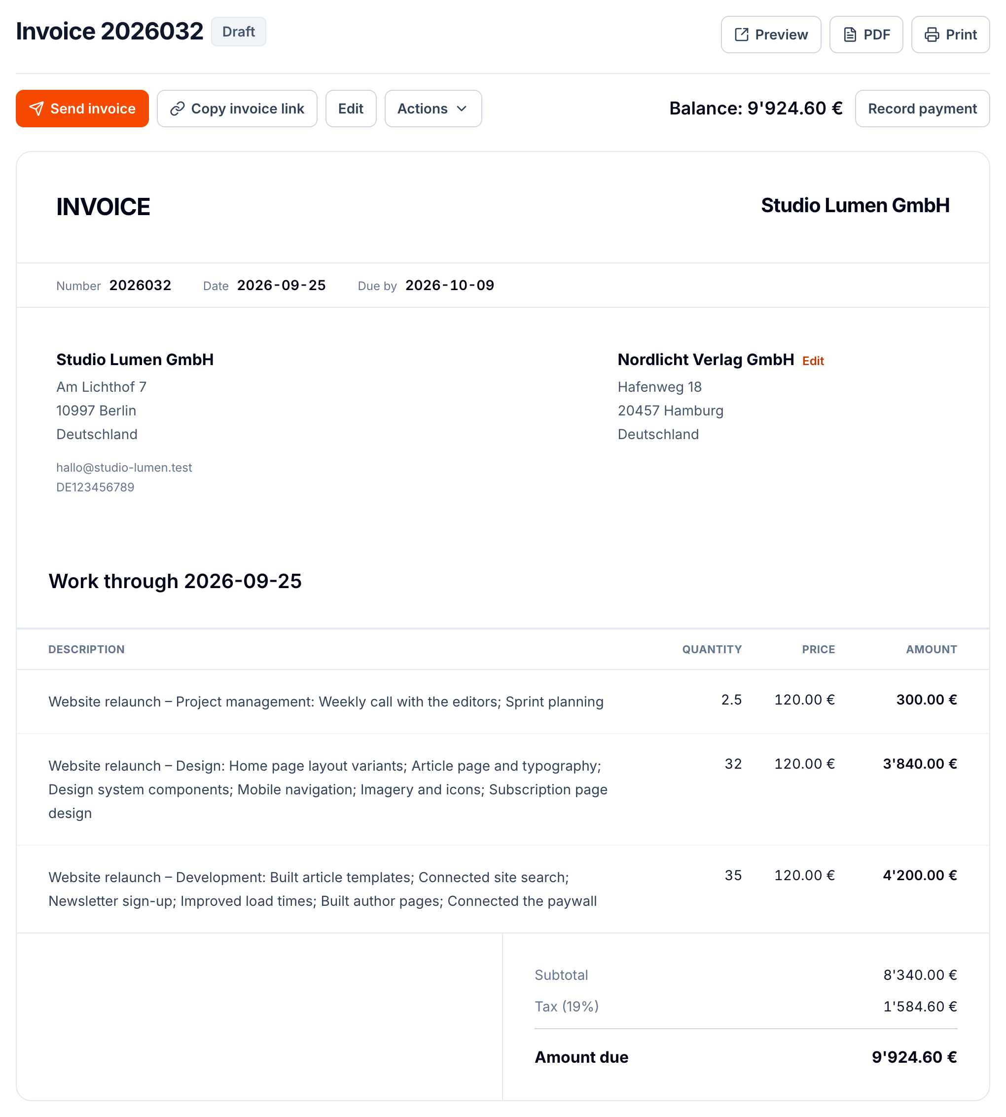 A draft invoice in buezli.app with hours grouped by task