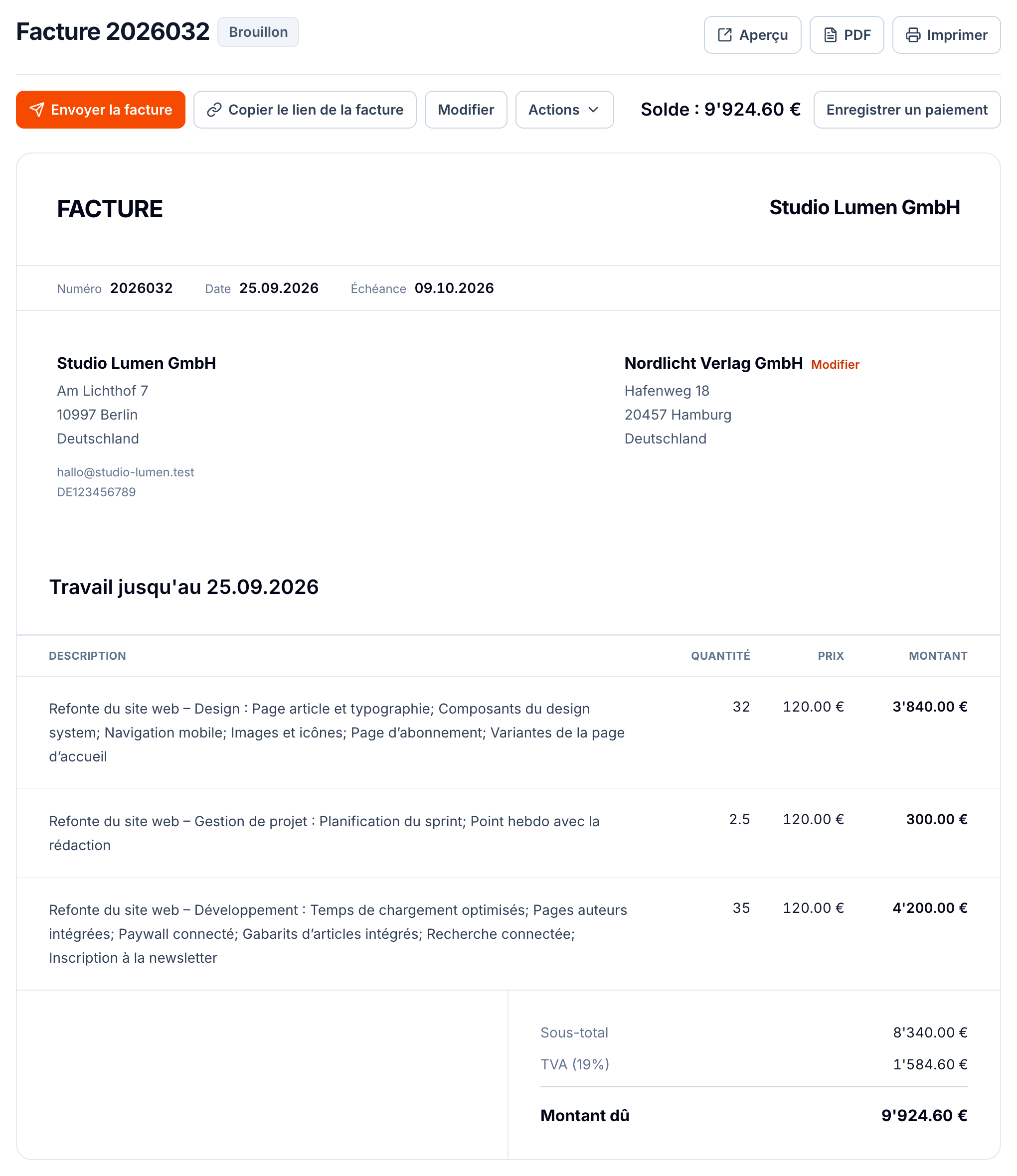 Un brouillon de facture dans buezli.app avec les heures regroupées par tâche