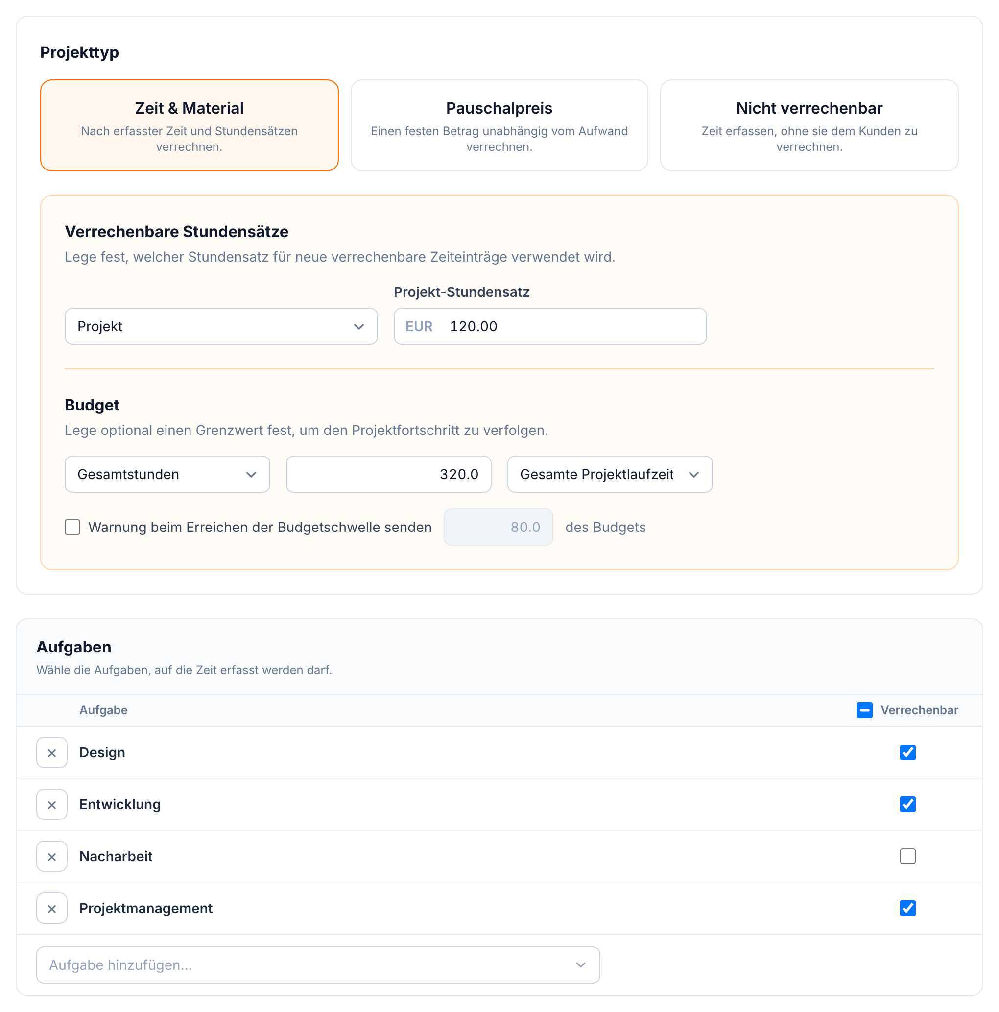 Projekteinstellungen in buezli.app: Projekttyp, Stundensatz und pro Aufgabe ein Häkchen für verrechenbar