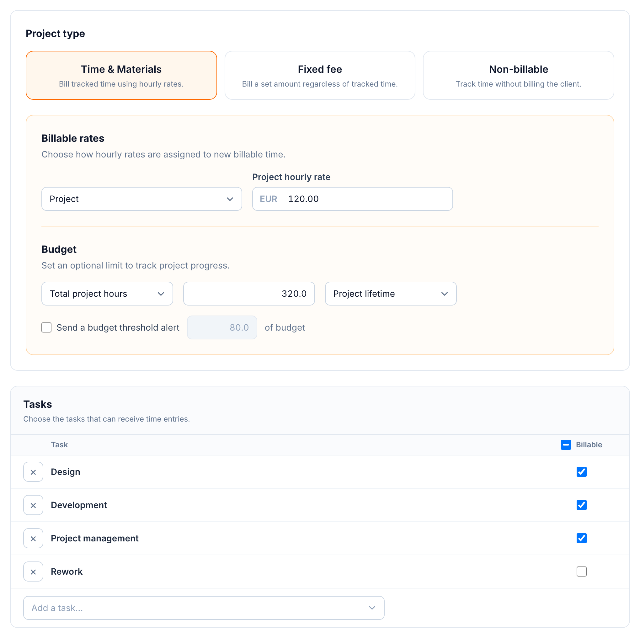 Project settings in buezli.app: project type, hourly rate and a billable flag per task
