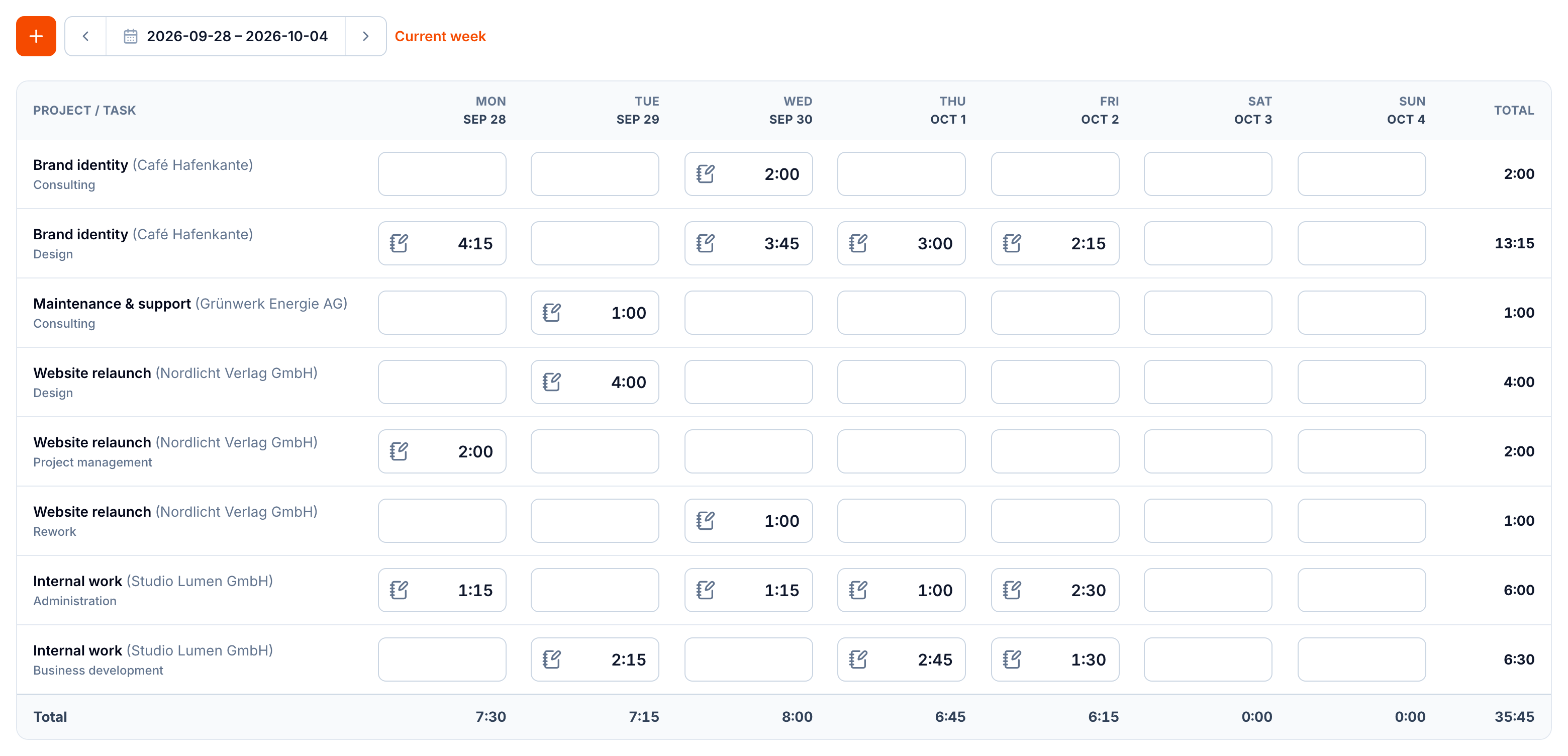 A week in the buezli.app timesheet with client projects and internal work in one list