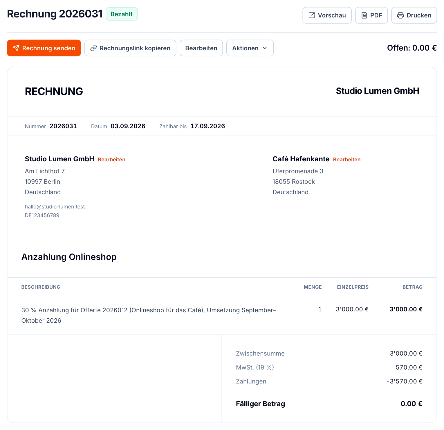 Eine bezahlte Anzahlungsrechnung in buezli.app