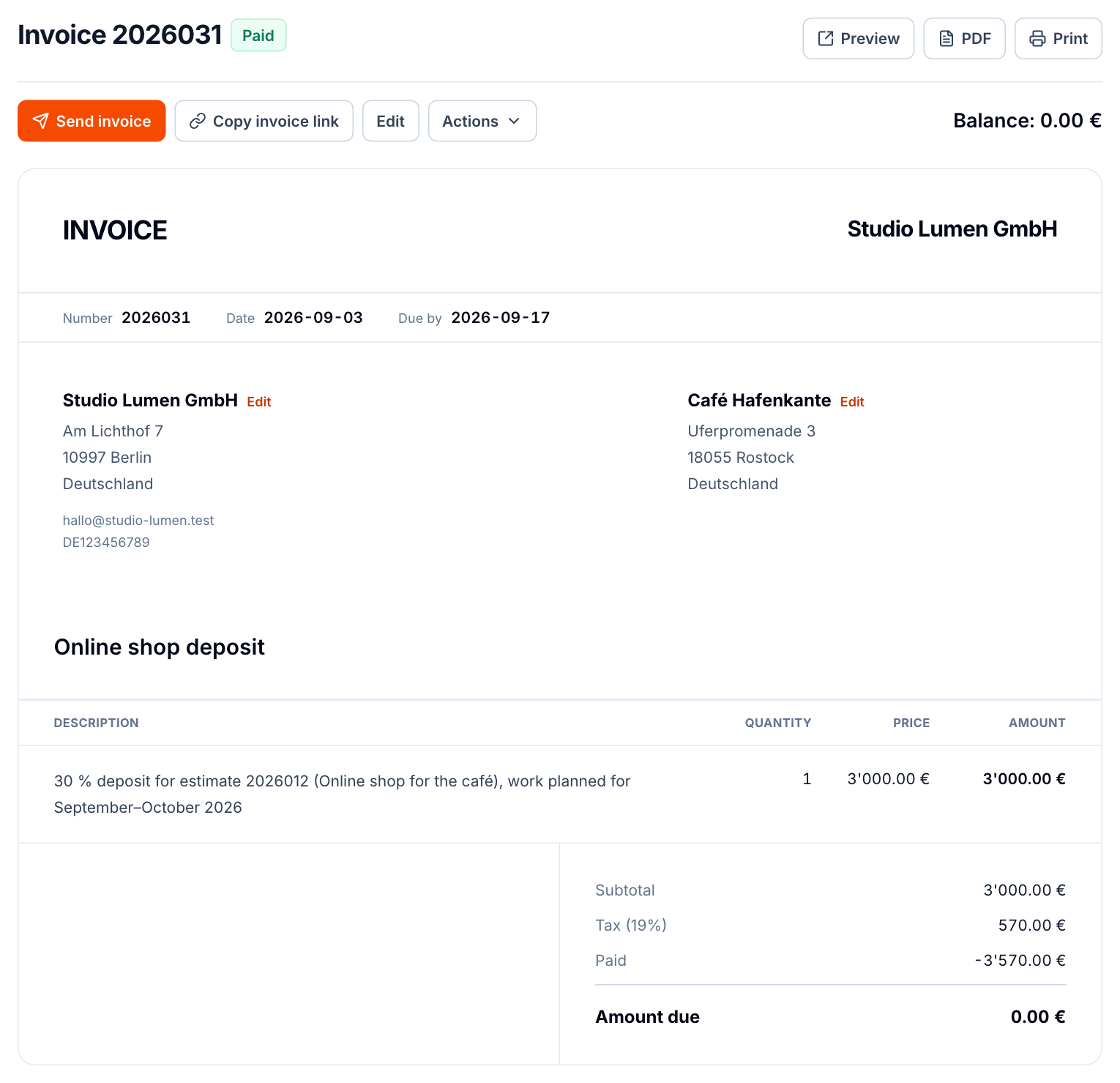 A paid deposit invoice in buezli.app