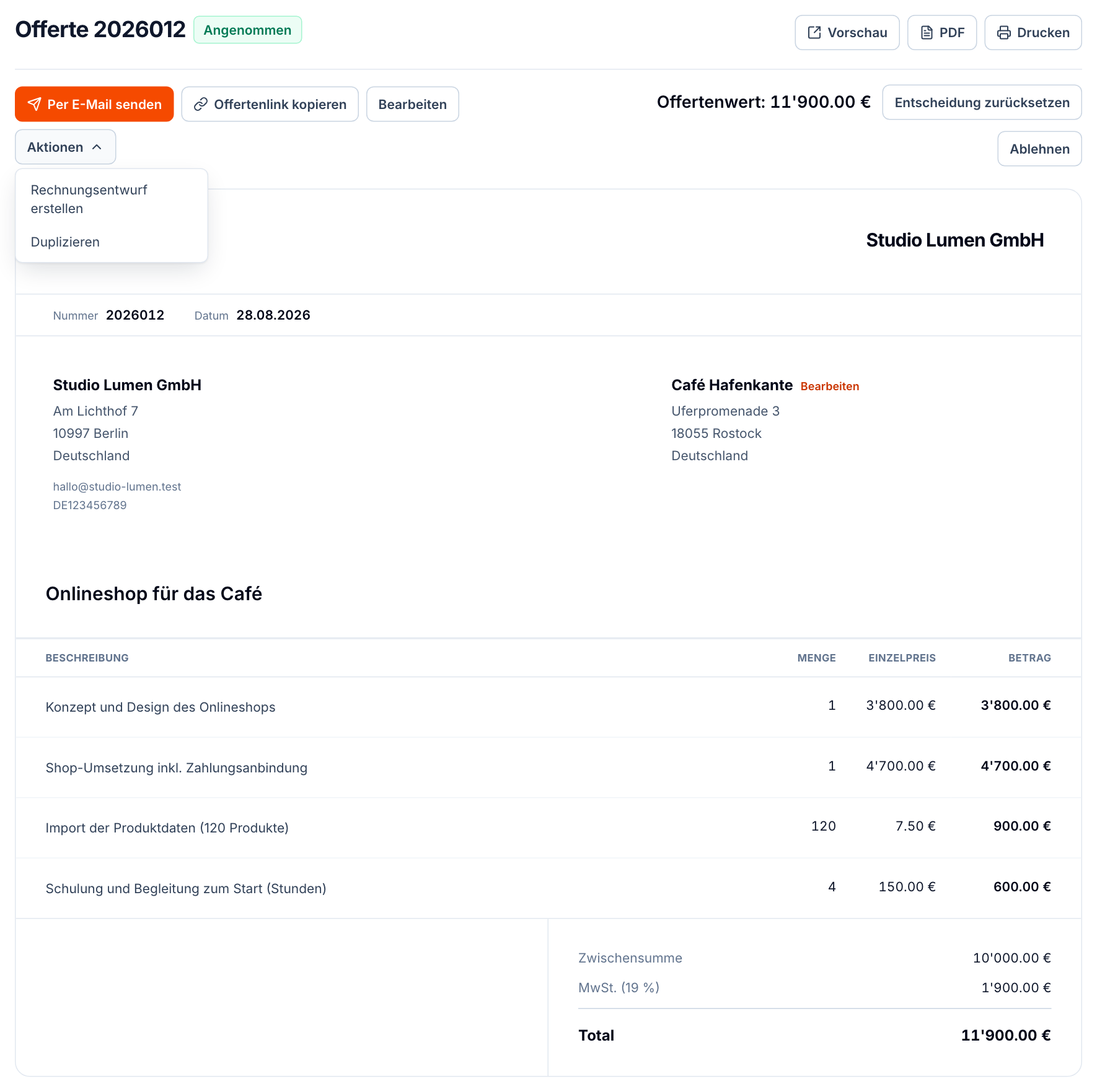 Eine angenommene Offerte in buezli.app über 10'000 € plus MwSt.