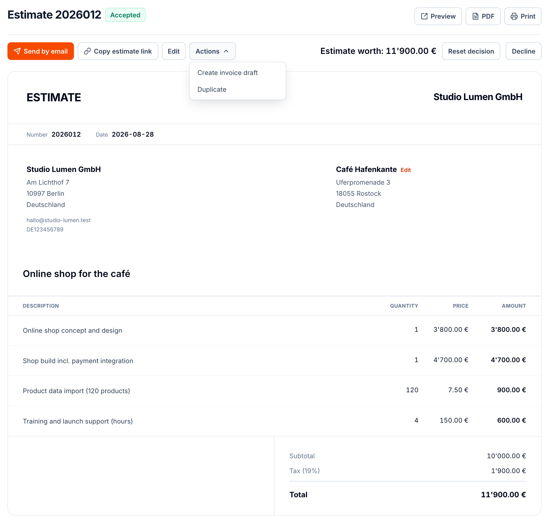 An accepted estimate in buezli.app for €10,000 plus VAT