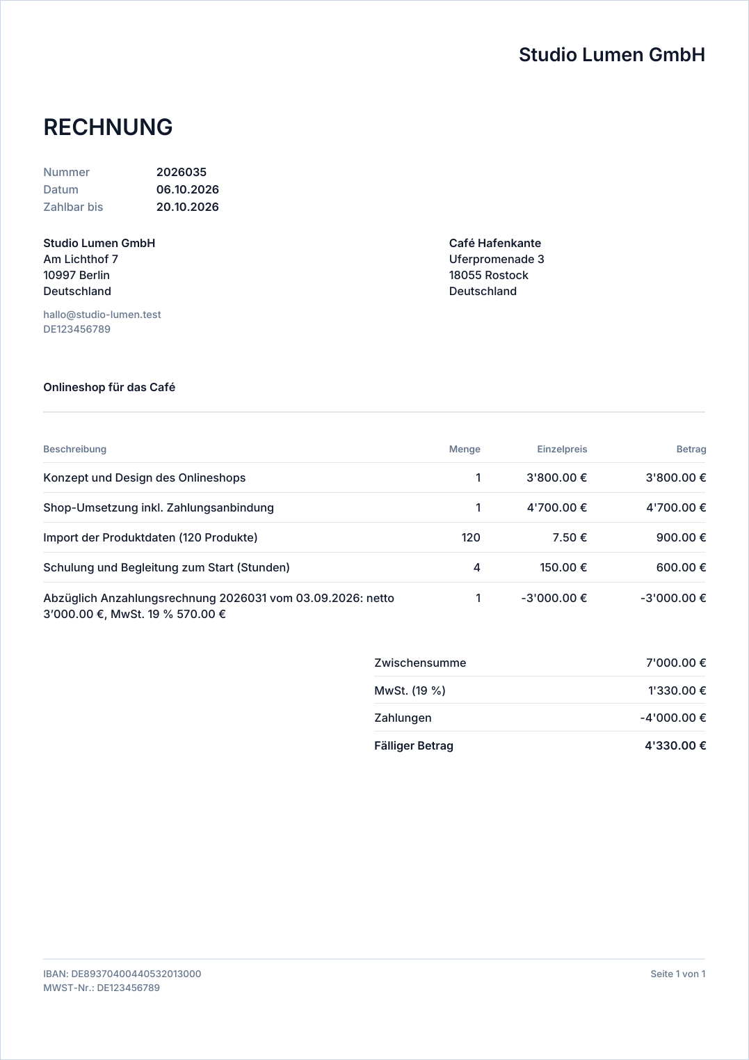 Die Schlussrechnung als PDF mit abgezogener Anzahlung und Restbetrag