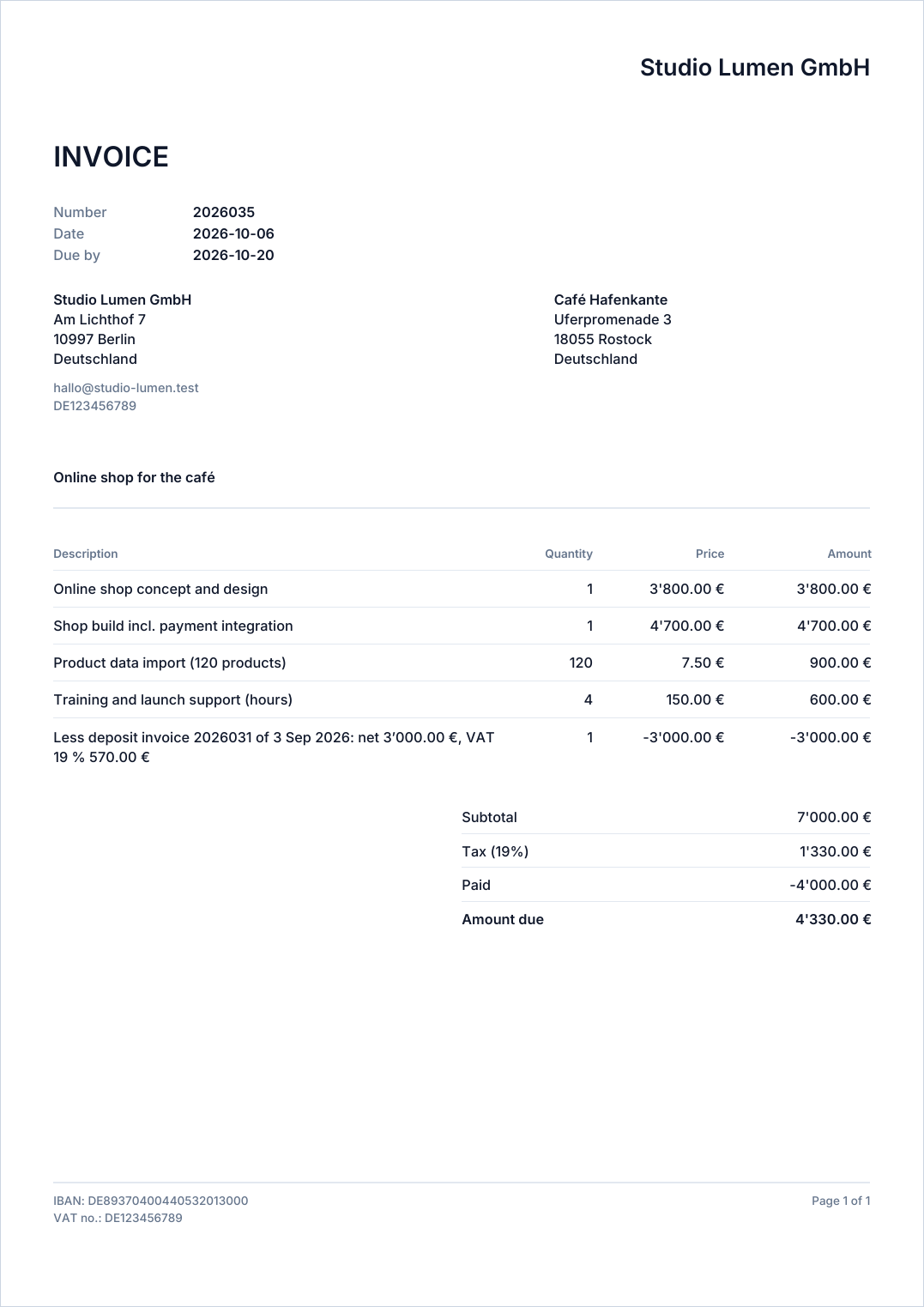 The final invoice PDF with the deposit deducted and the remaining amount