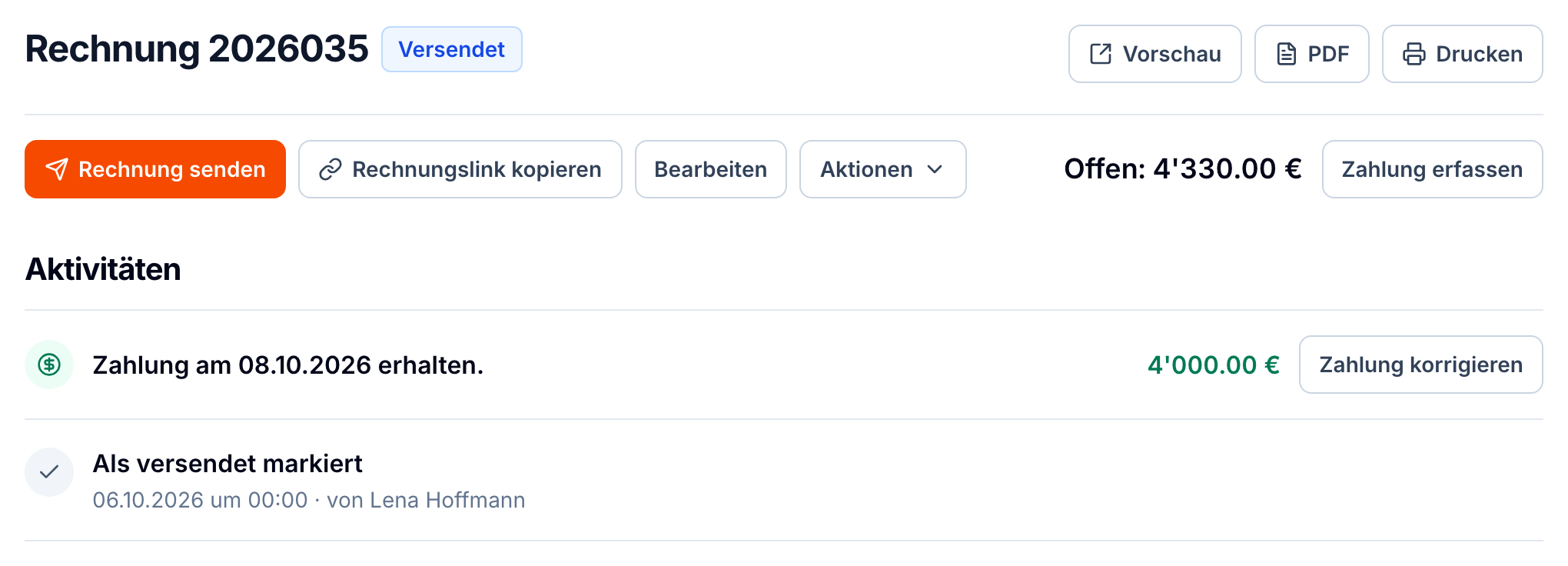 Der Zahlungsverlauf der Schlussrechnung mit einer Teilzahlung und dem offenen Betrag
