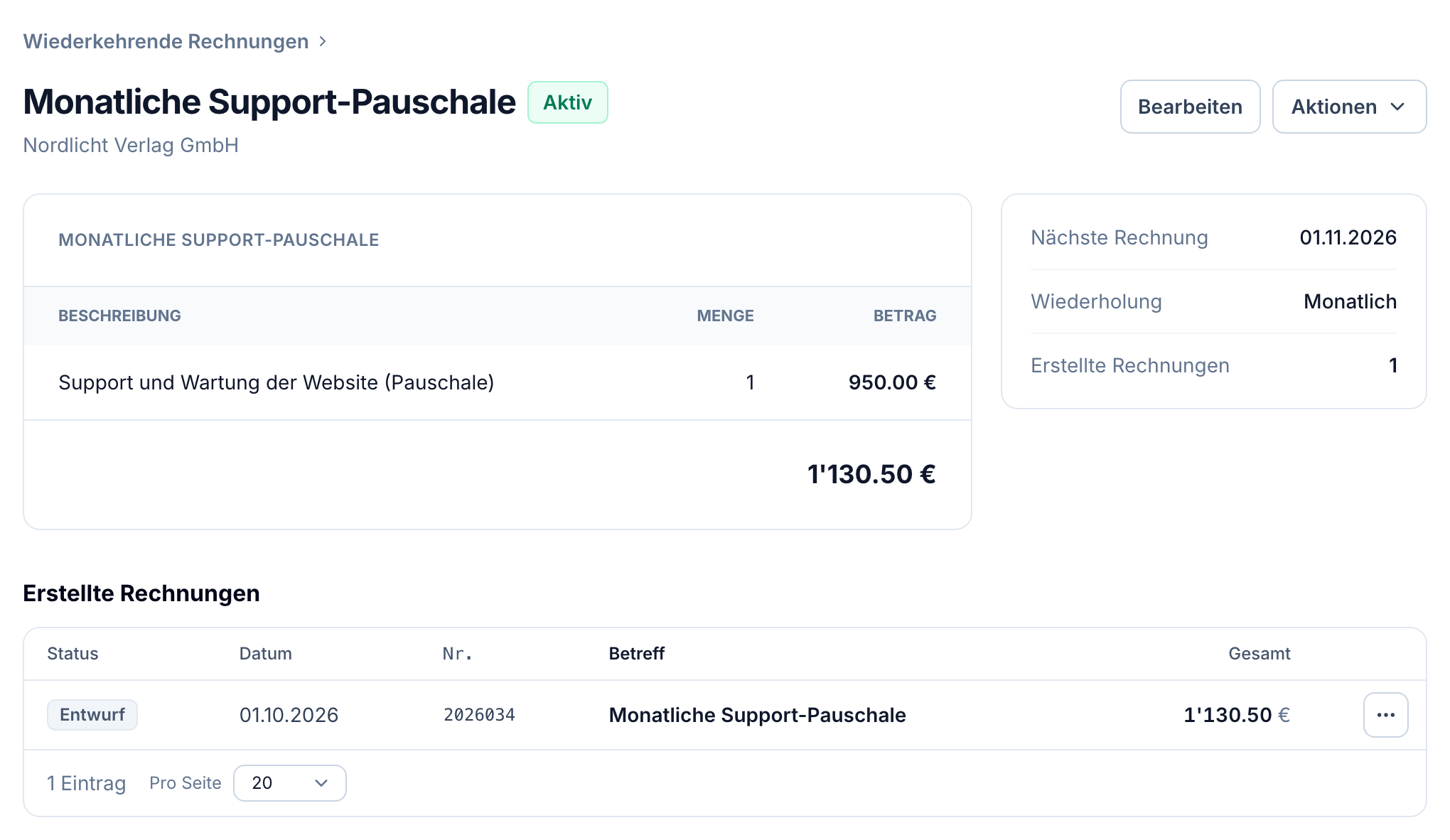 Eine wiederkehrende Rechnung für eine monatliche Support-Pauschale in buezli.app