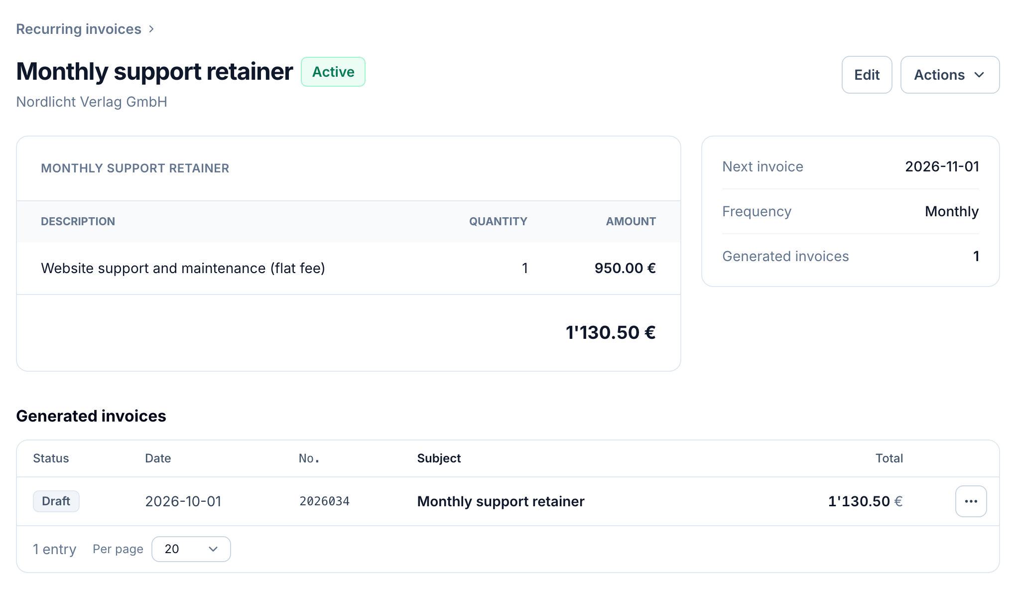 A recurring invoice template for a monthly retainer in buezli.app