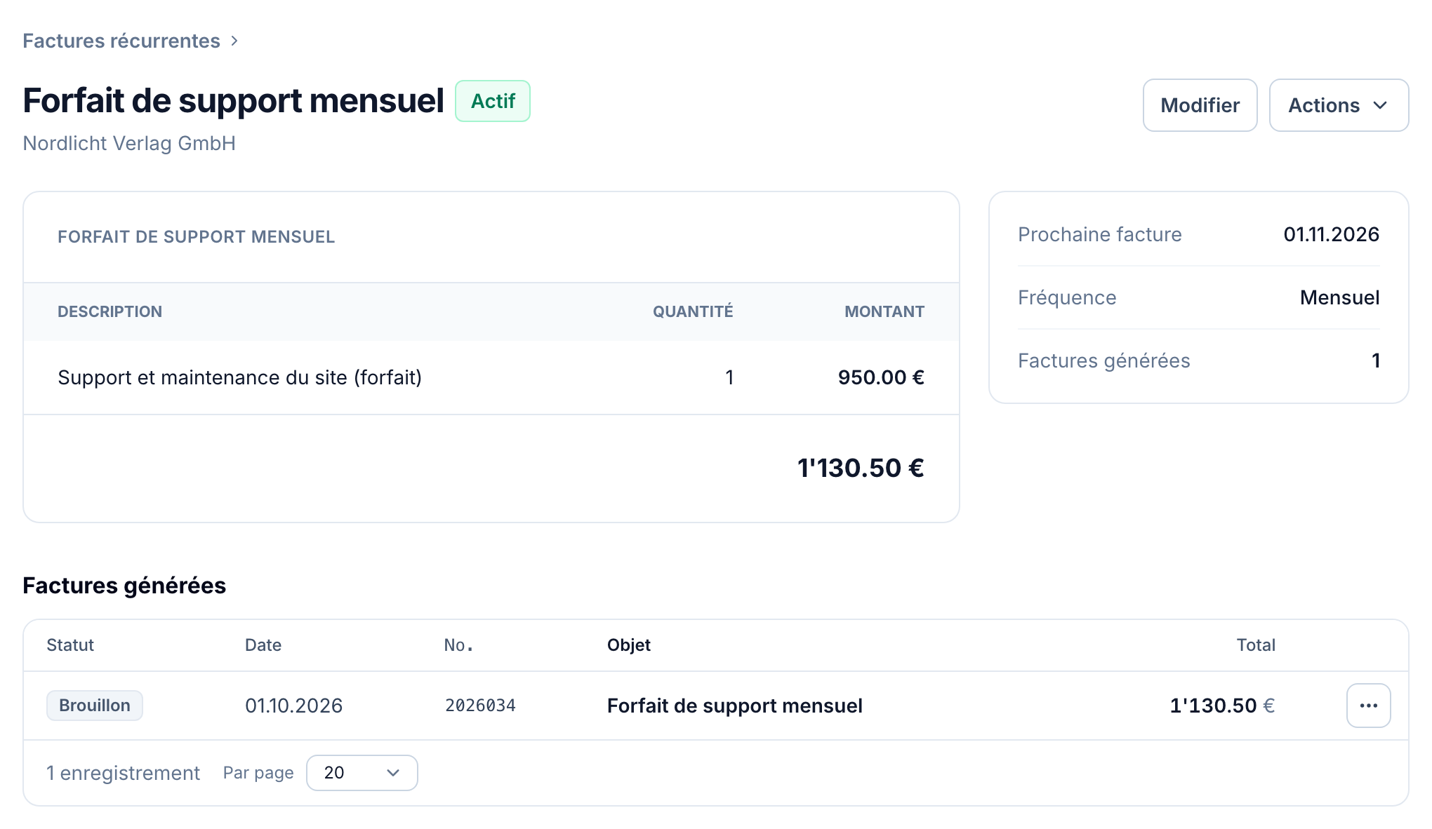 Une facture récurrente pour un forfait de support mensuel dans buezli.app