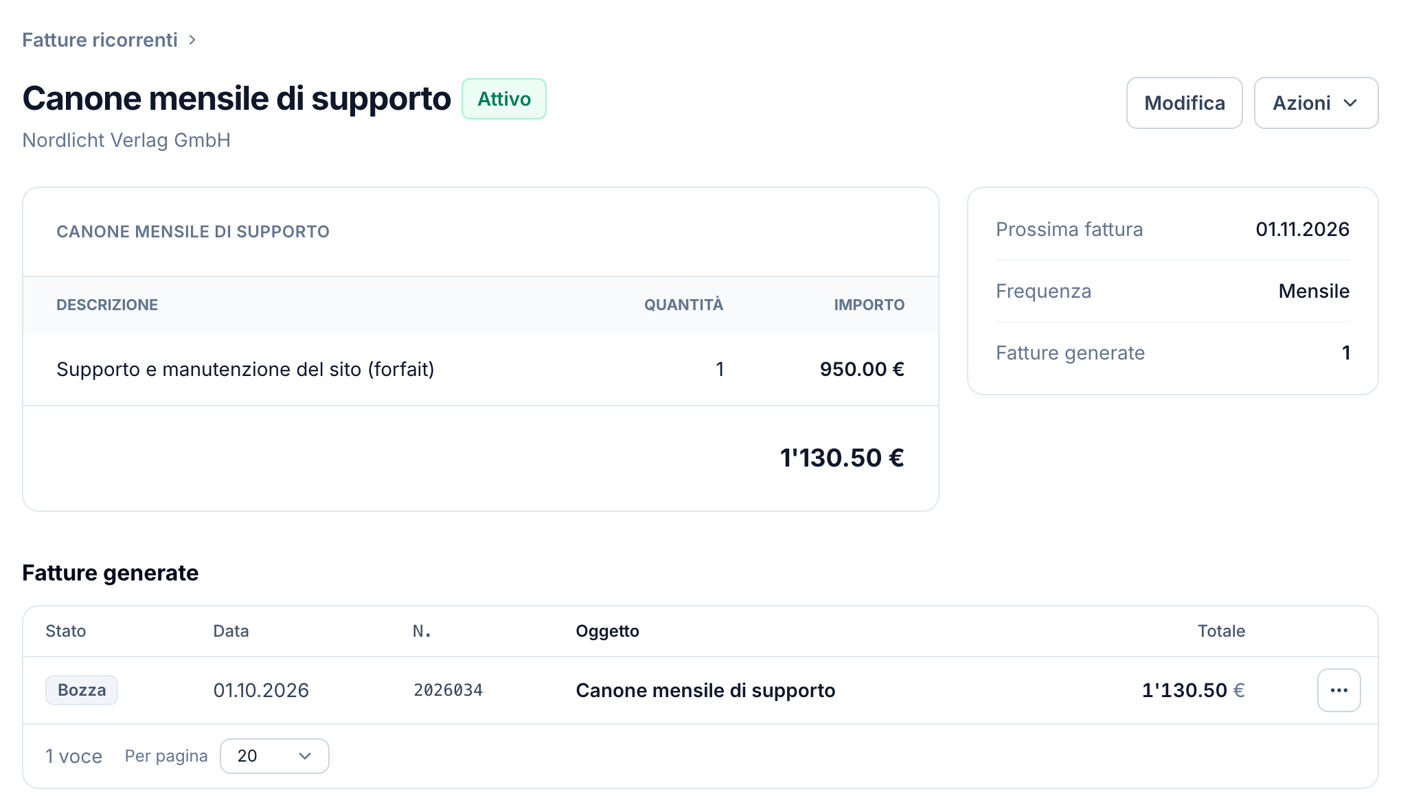 Una fattura ricorrente per un canone mensile di supporto in buezli.app