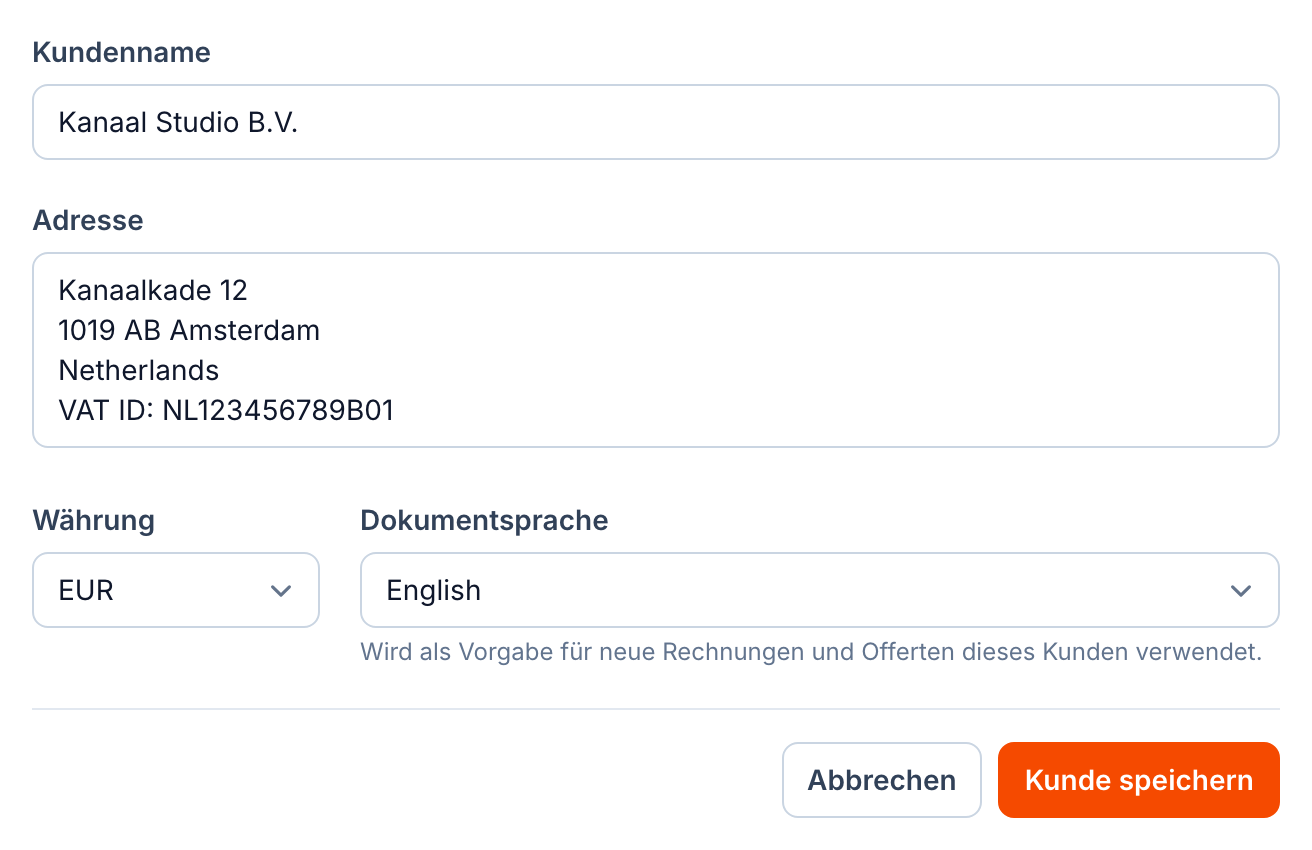 Kundeneinstellungen in buezli.app mit Währung EUR und Dokumentsprache Englisch