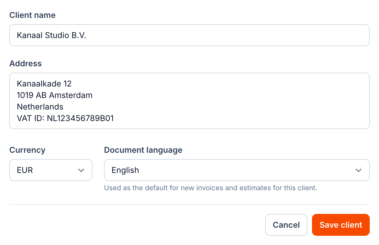 Client settings in buezli.app with currency EUR and document language English