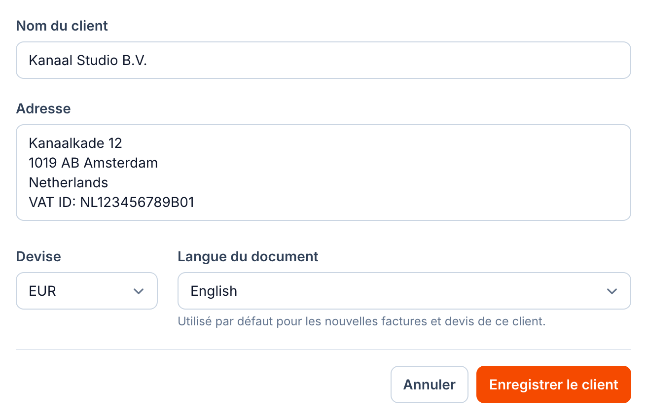 Paramètres client dans buezli.app avec devise EUR et langue des documents anglais