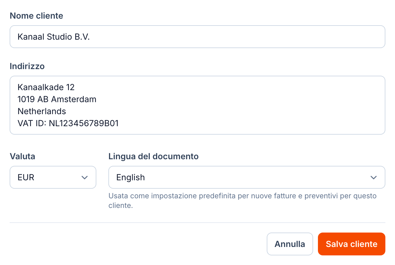 Impostazioni del cliente in buezli.app con valuta EUR e lingua dei documenti inglese