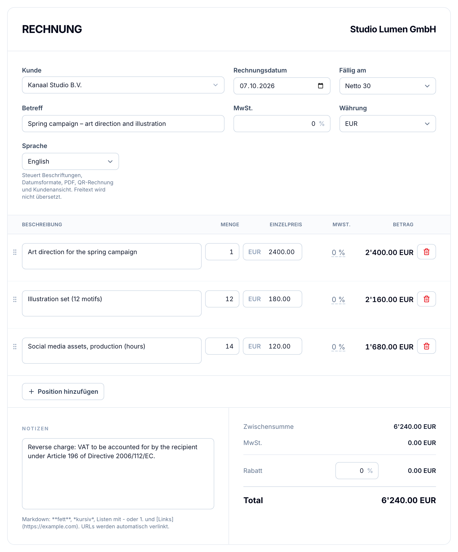 Der Rechnungseditor in buezli.app mit Sprache Englisch, Währung EUR, MwSt. 0 % und Hinweis