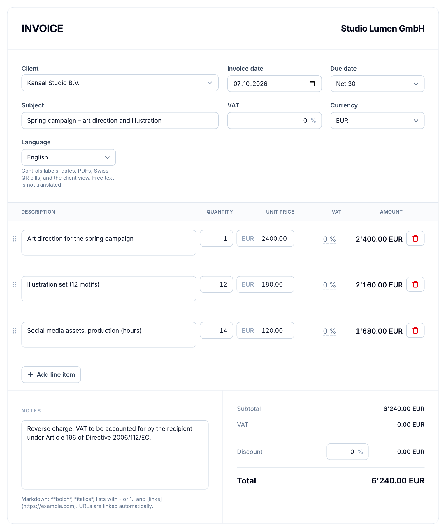 The invoice editor in buezli.app with language English, currency EUR, VAT 0 % and a note