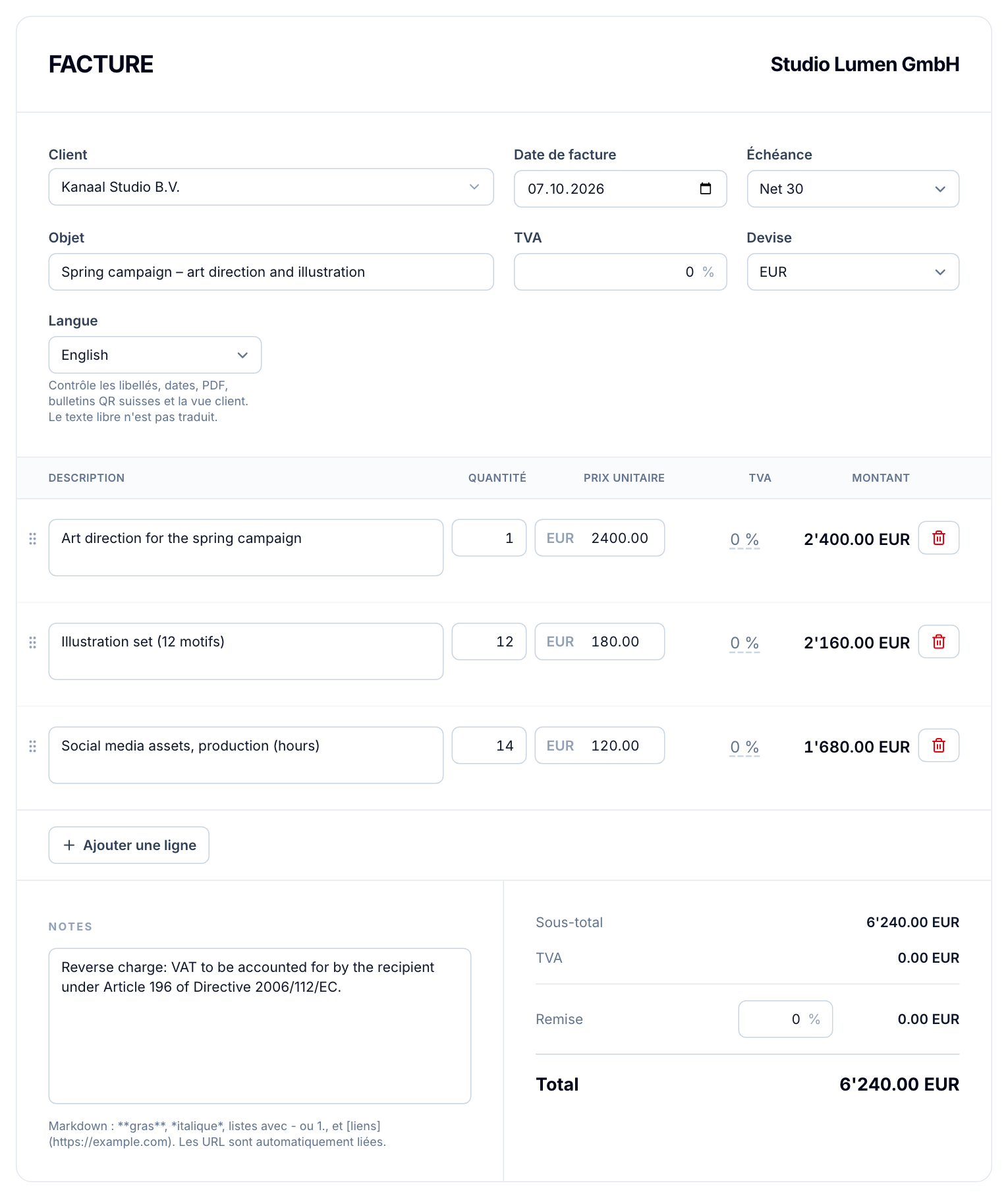 L’éditeur de facture de buezli.app avec langue anglaise, devise EUR, TVA 0 % et mention