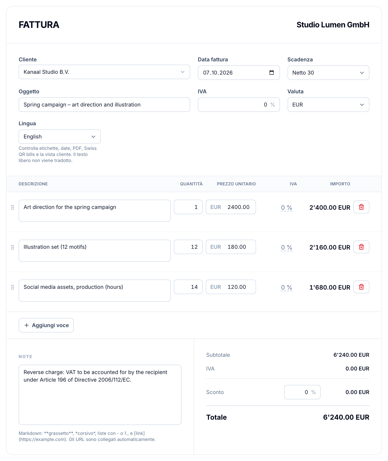 L’editor delle fatture di buezli.app con lingua inglese, valuta EUR, IVA 0 % e dicitura