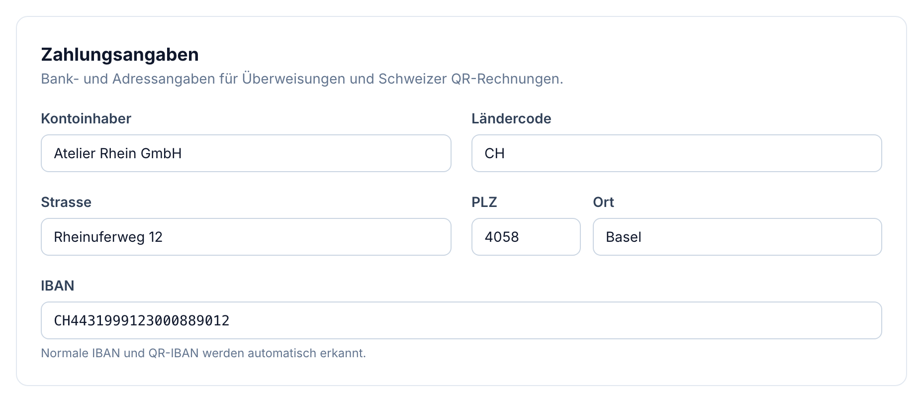 Einstellungen des Arbeitsbereichs in buezli.app mit IBAN, Kontoinhaber und strukturierter Rechnungsadresse