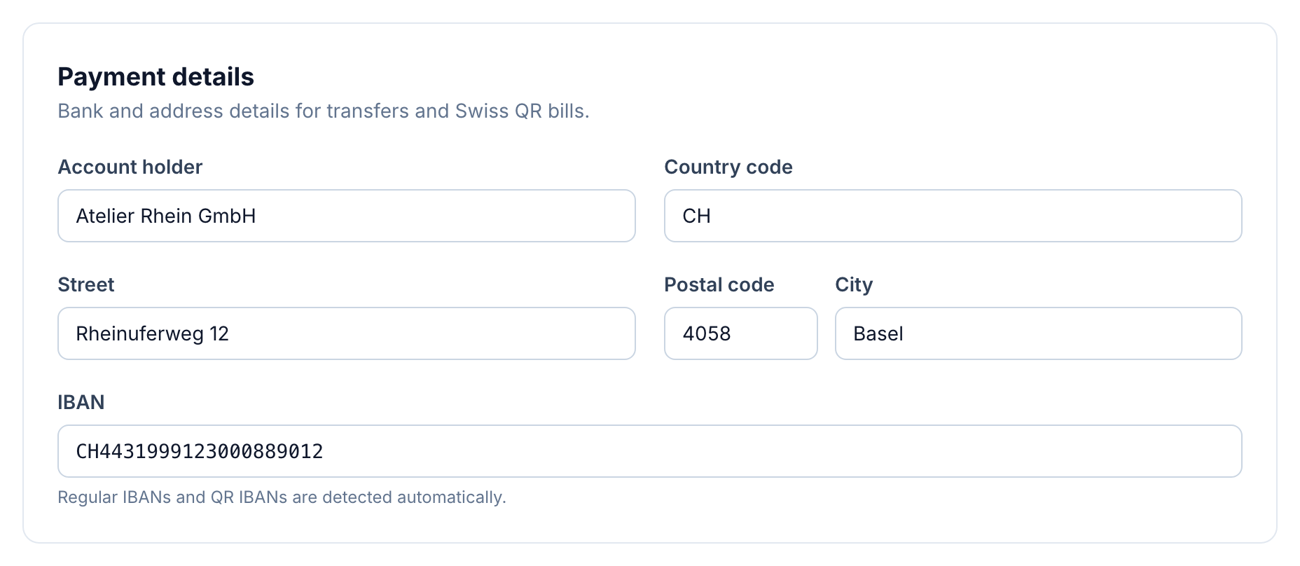 Workspace settings in buezli.app with IBAN, account holder and a structured billing address