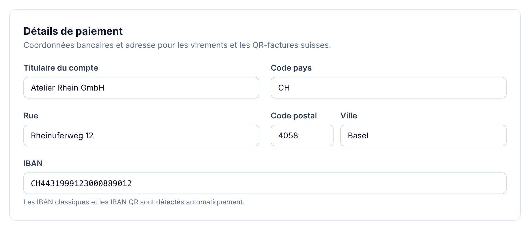 Paramètres de l’espace dans buezli.app avec IBAN, titulaire du compte et adresse de facturation structurée