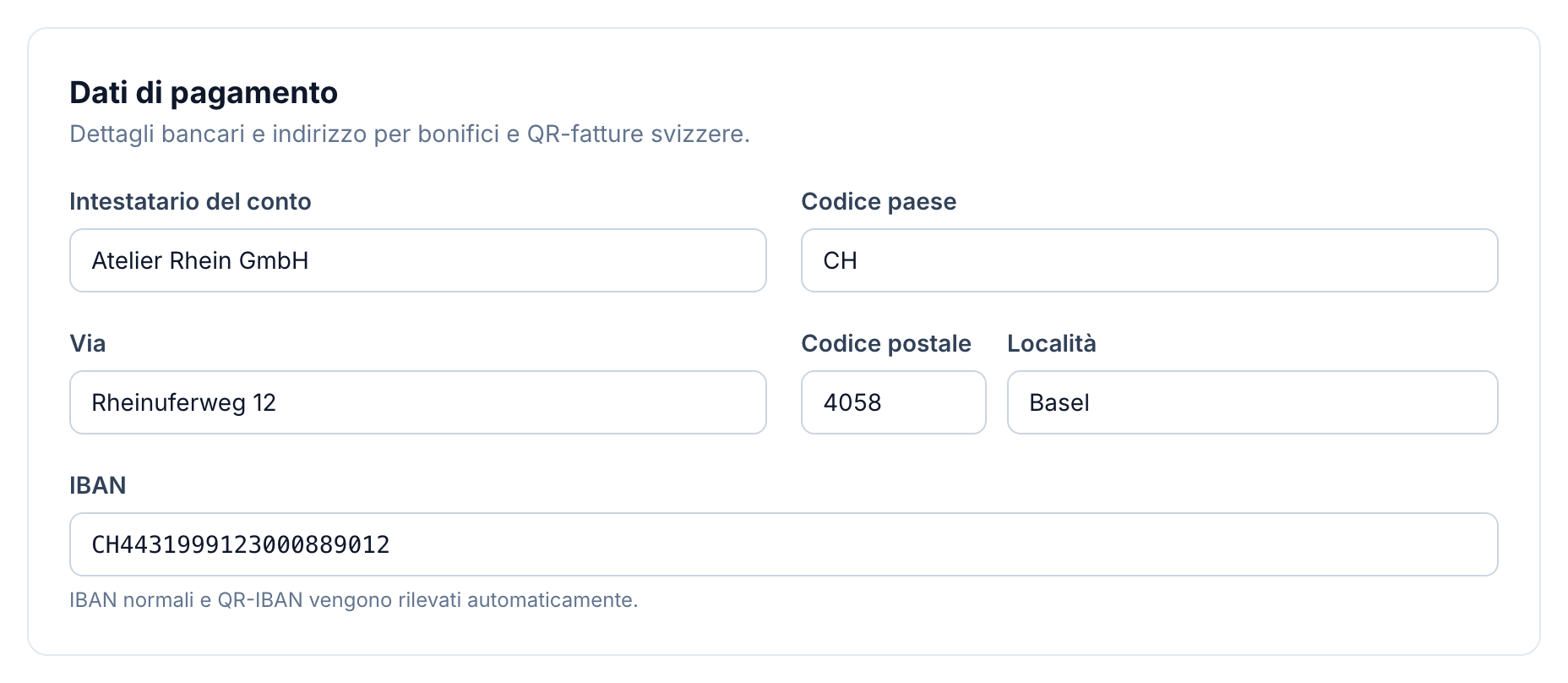 Impostazioni dello spazio di lavoro in buezli.app con IBAN, titolare del conto e indirizzo di fatturazione strutturato