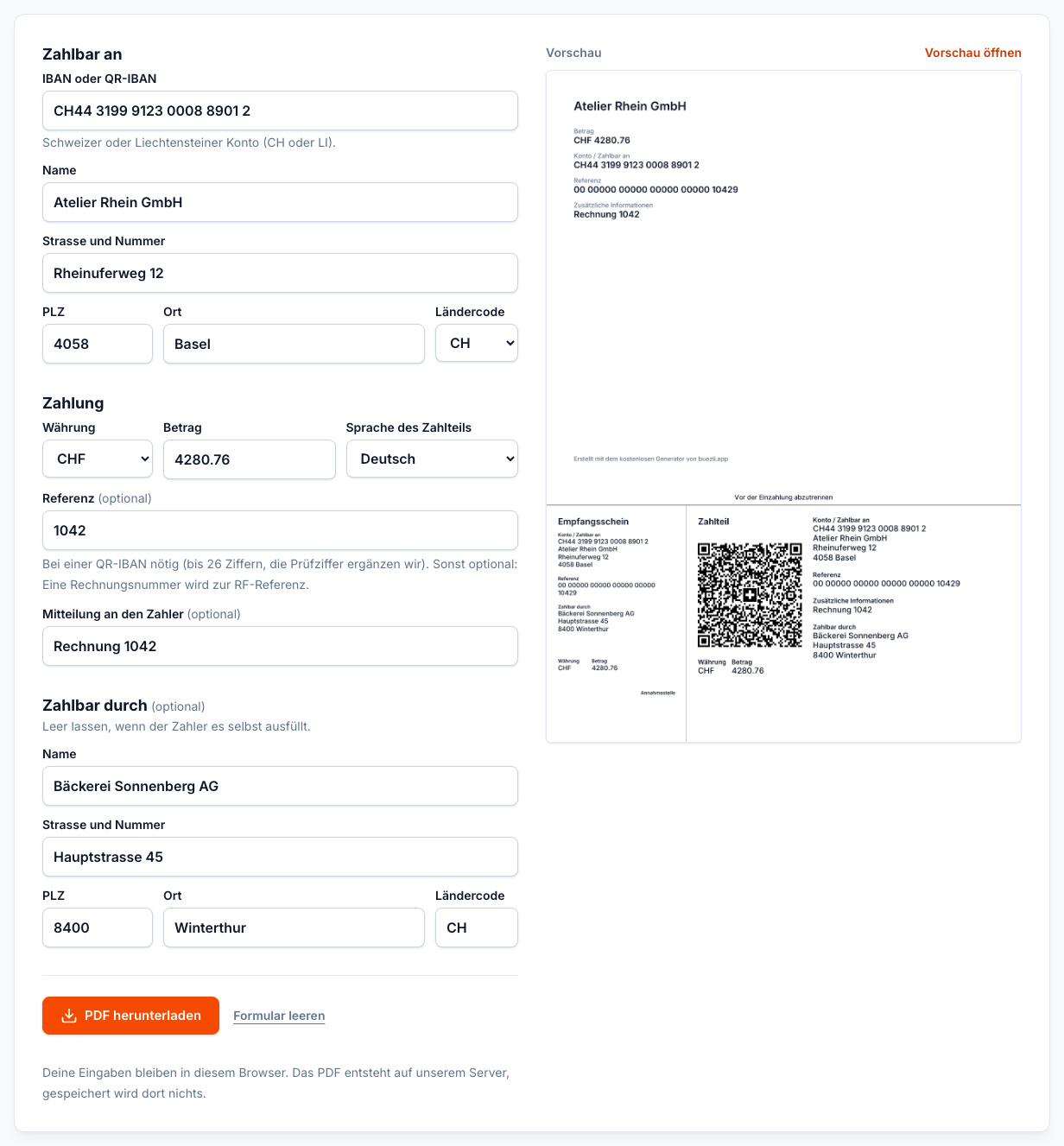 Der Gratis-Generator für QR-Rechnungen auf buezli.app mit Beispieldaten