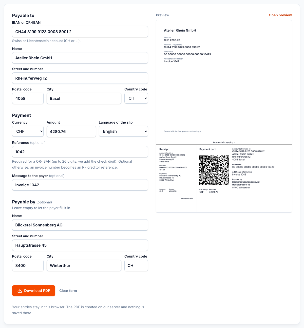 The free QR-bill generator on buezli.app with sample data