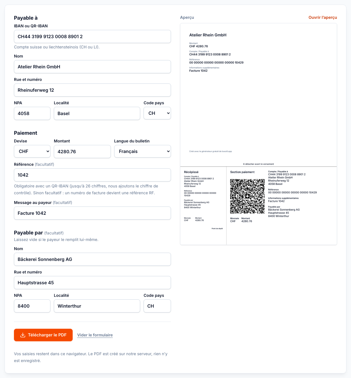 Le générateur gratuit de QR-factures sur buezli.app avec des données d’exemple