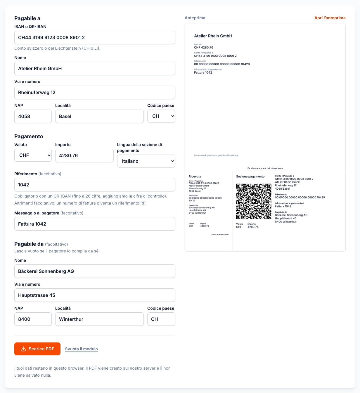 Il generatore gratuito di fatture QR su buezli.app con dati di esempio