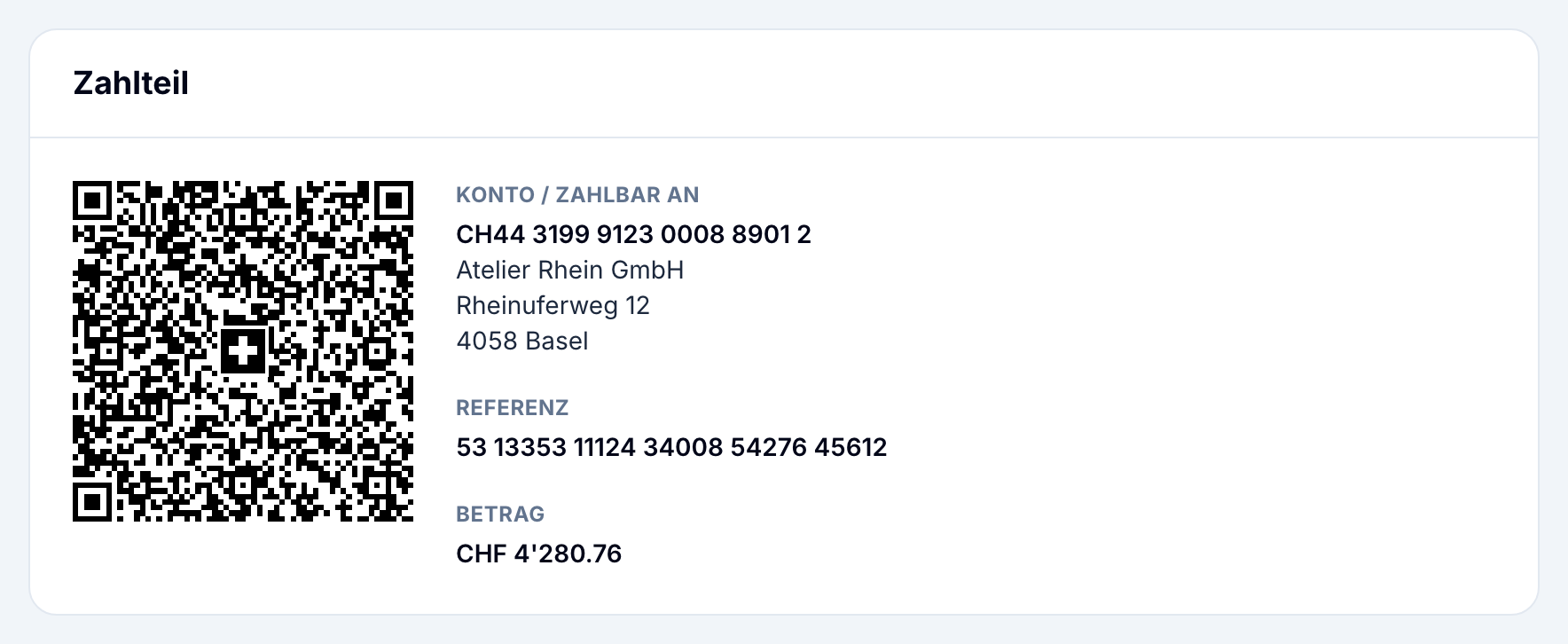Die Online-Rechnung in buezli.app mit QR-Code, Konto und Referenz
