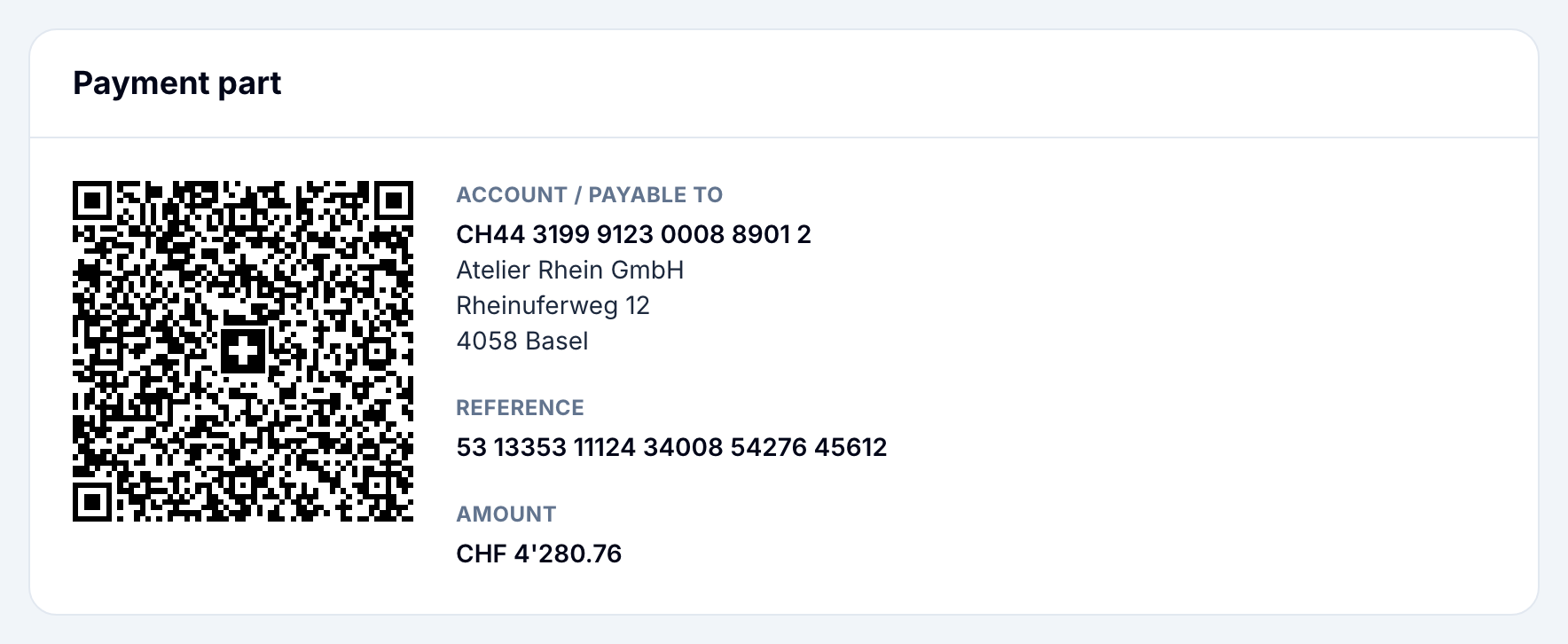 The online invoice in buezli.app with QR code, account and reference