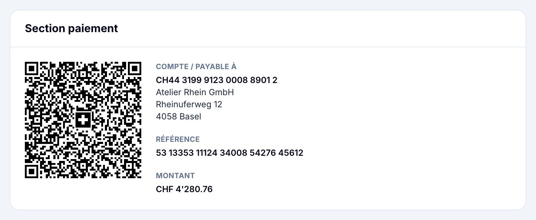 La facture en ligne dans buezli.app avec code QR, compte et référence
