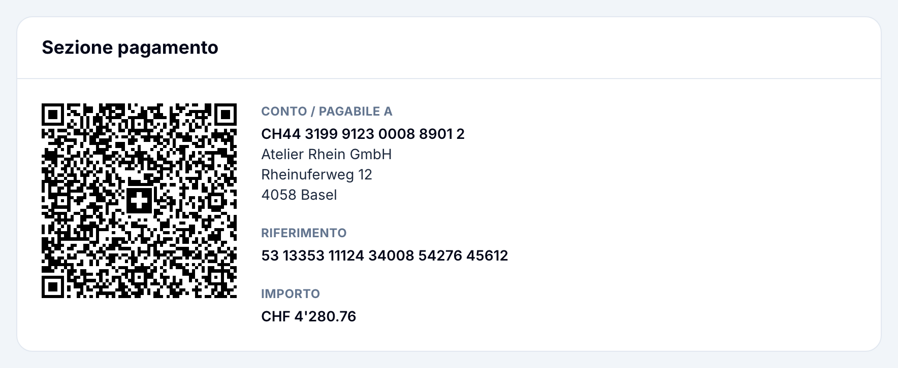 La fattura online in buezli.app con codice QR, conto e riferimento