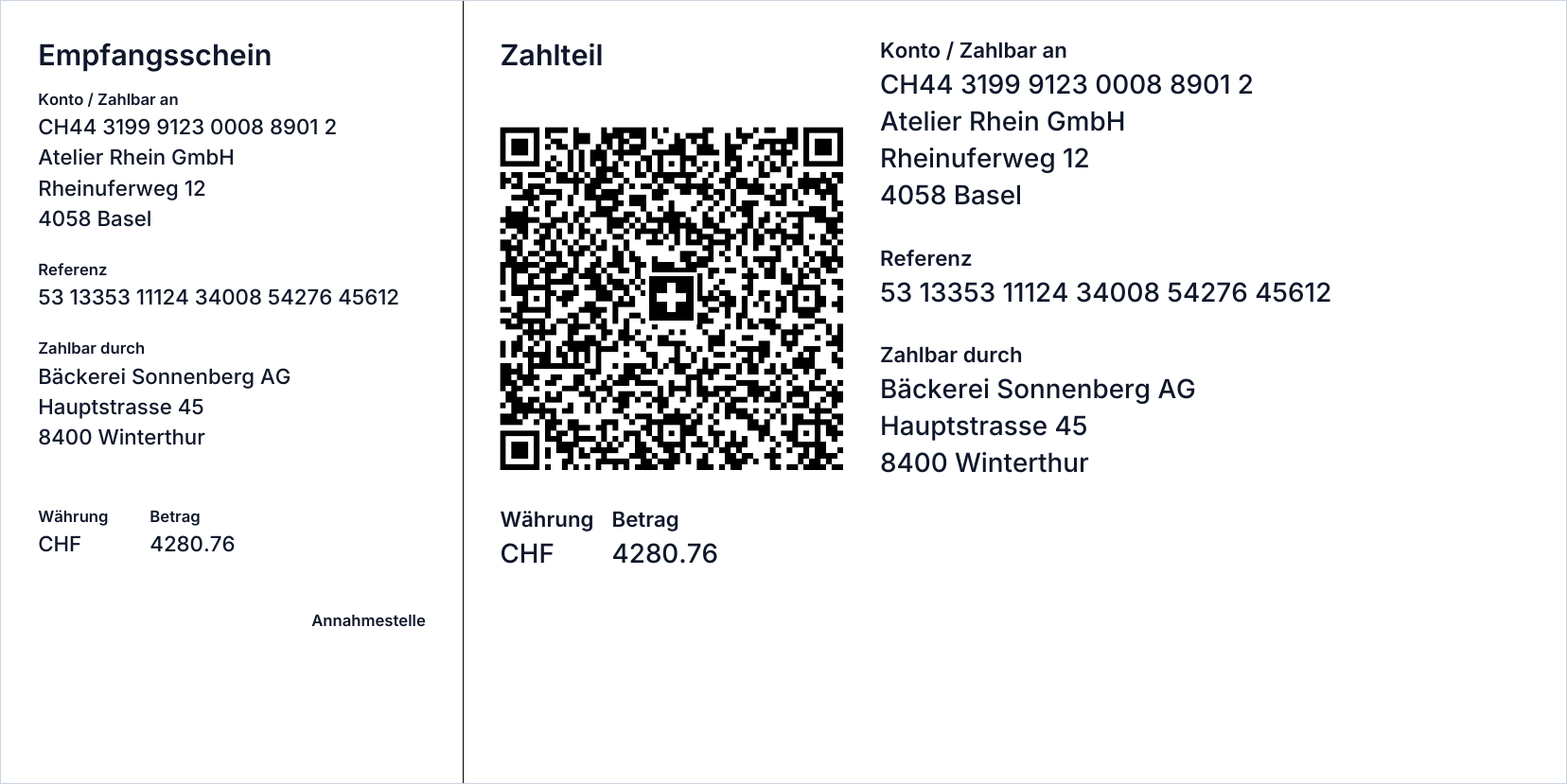 Der QR-Zahlteil unten auf einer Rechnung aus buezli.app: Empfangsschein links, Zahlteil mit Swiss QR Code rechts