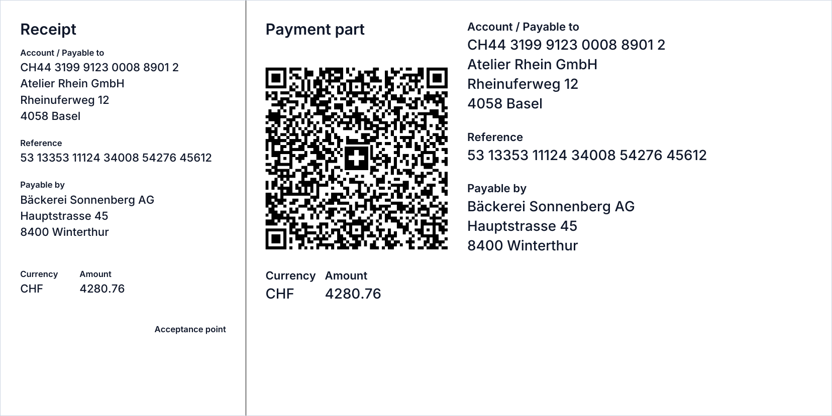 The QR payment part at the bottom of a buezli.app invoice: receipt on the left, payment part with the Swiss QR Code on the right
