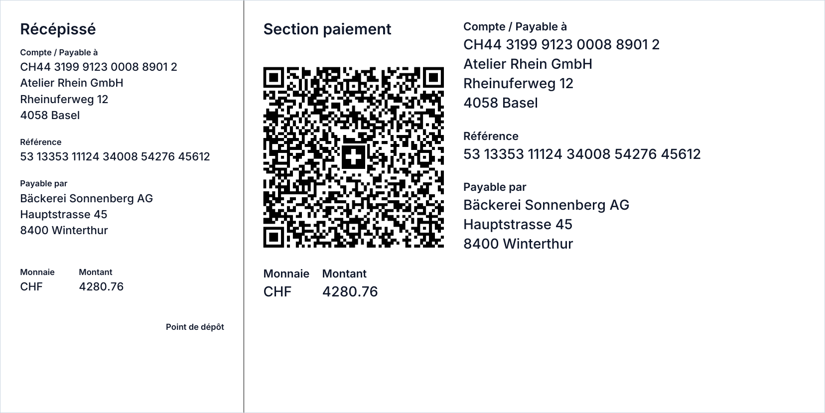 La section de paiement QR en bas d’une facture buezli.app : récépissé à gauche, section paiement avec le Swiss QR Code à droite