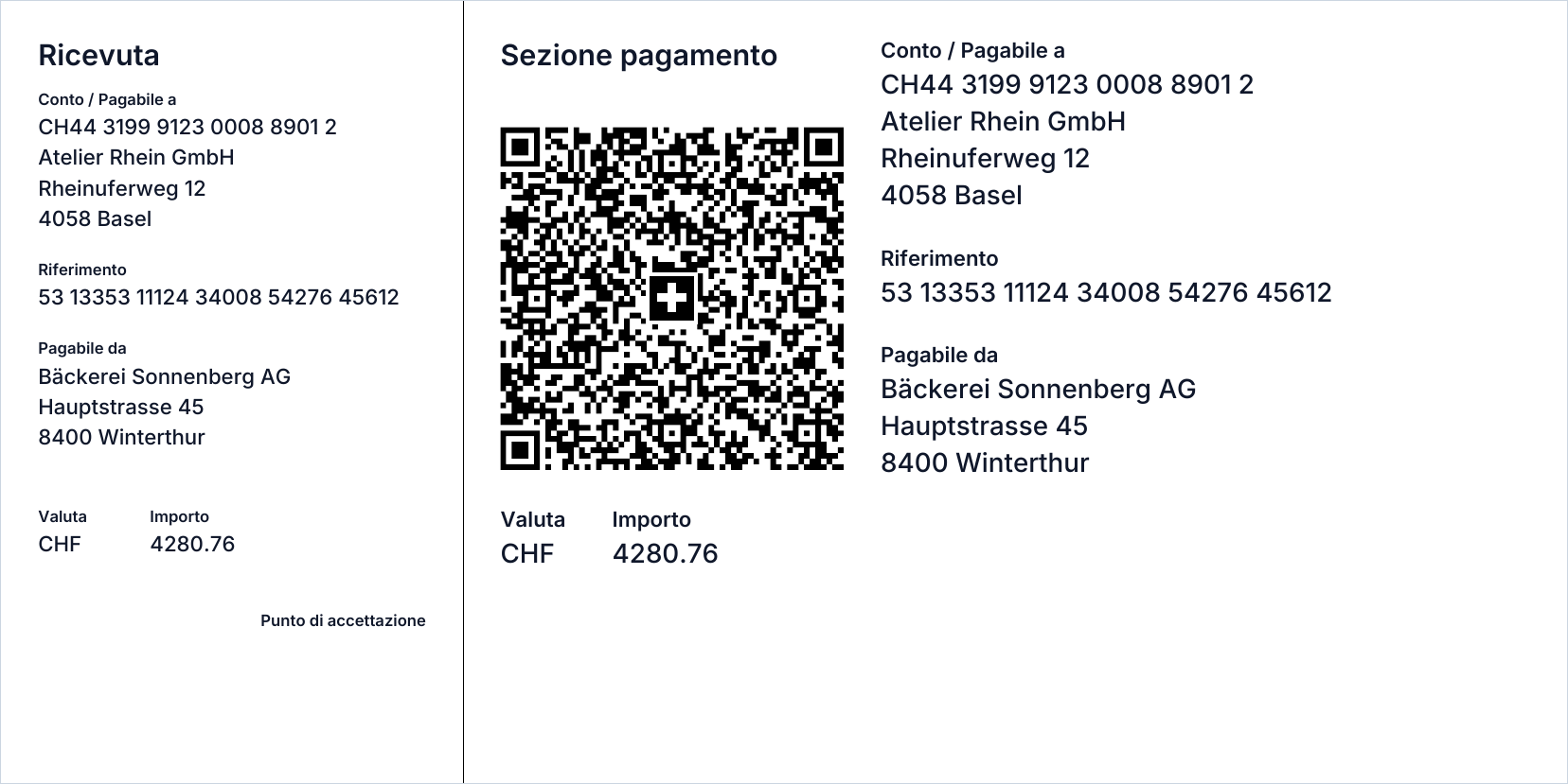 La sezione di pagamento QR in fondo a una fattura di buezli.app: ricevuta a sinistra, sezione pagamento con lo Swiss QR Code a destra