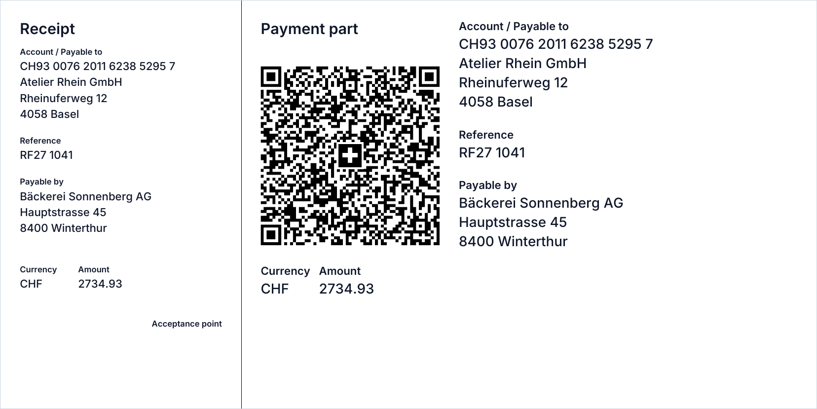 A payment part with a normal IBAN and an RF creditor reference