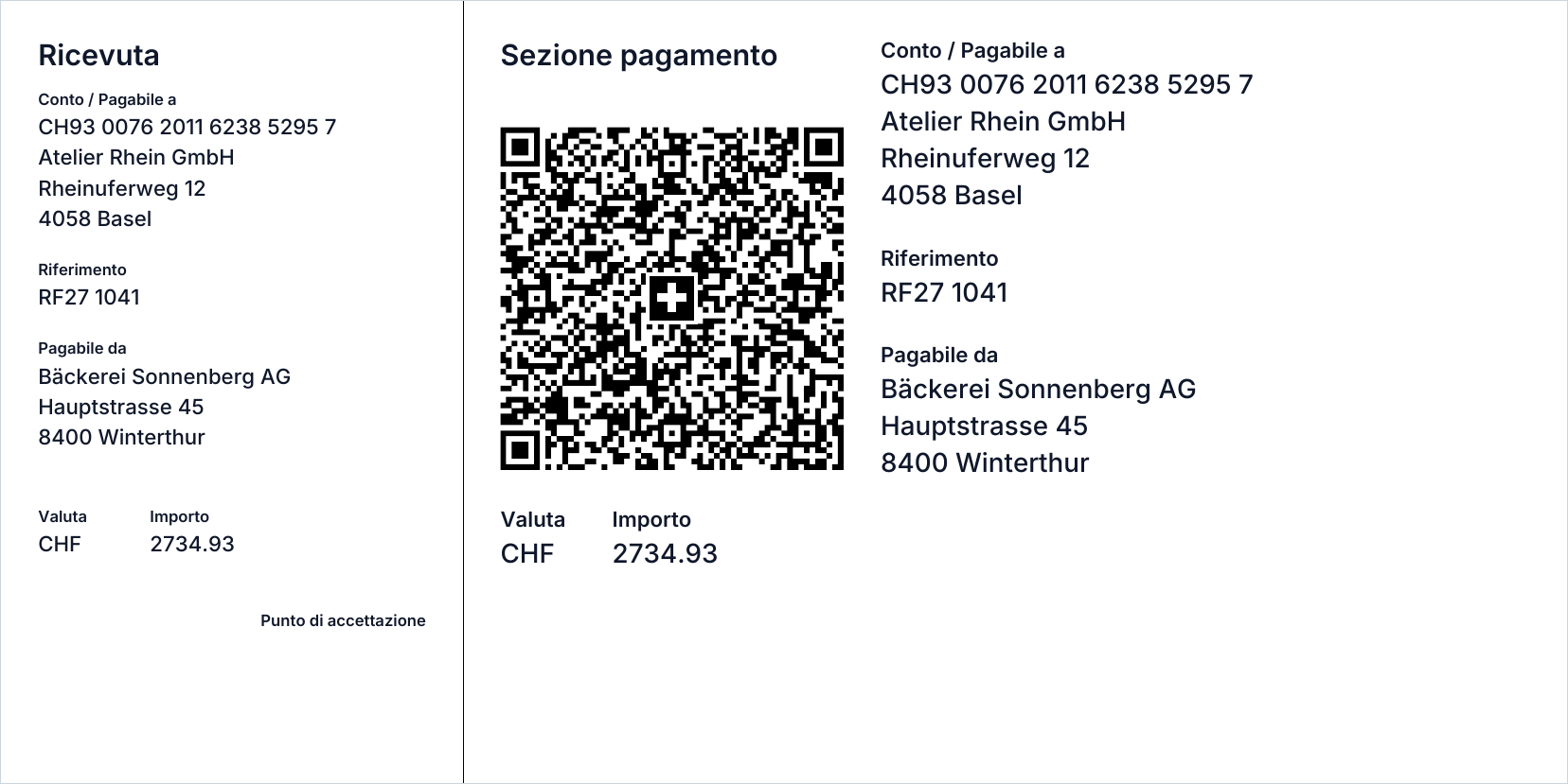 Una sezione di pagamento con IBAN normale e riferimento RF